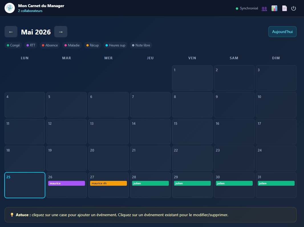 Vue calendrier mensuel de l'équipe