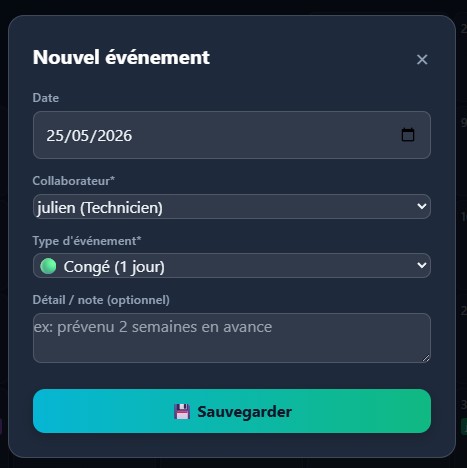 Modale d'ajout d'un événement (7 types)