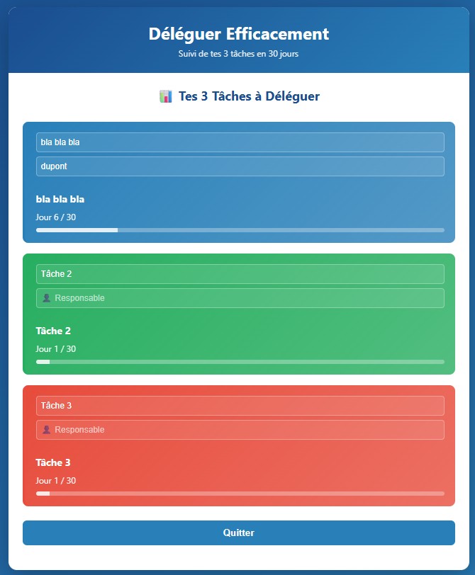 Dashboard des 3 tâches déléguées
