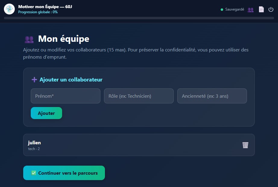 Setup de l'équipe (jusqu'à 15 collaborateurs)